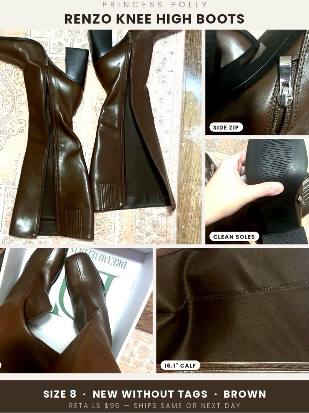Princess Polly Brown Renzo Knee-High Faux-Leather Boots